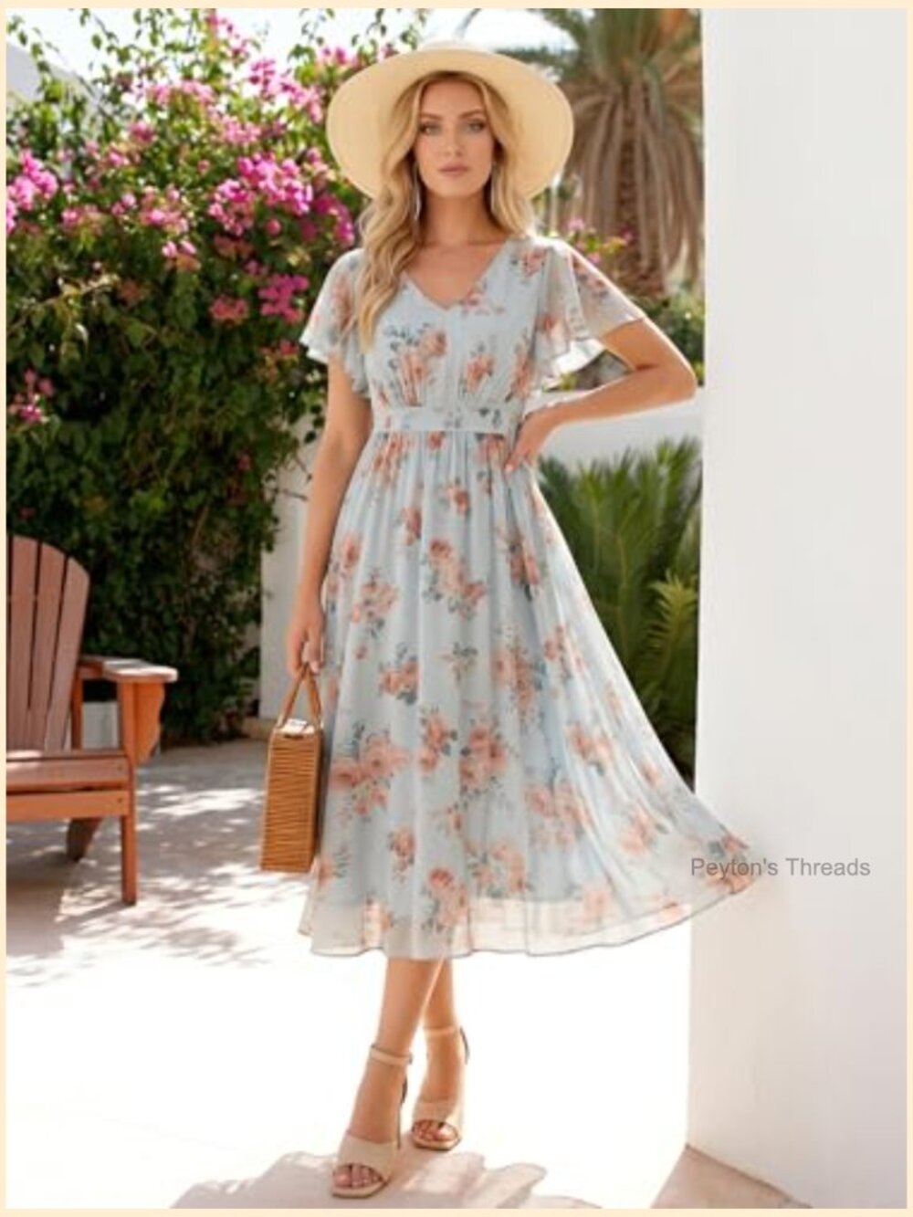 Floral Chiffon Midi A-Line V-Neck Smocked Bodice Short Ruffle Sleeve - Picture 4 of 5